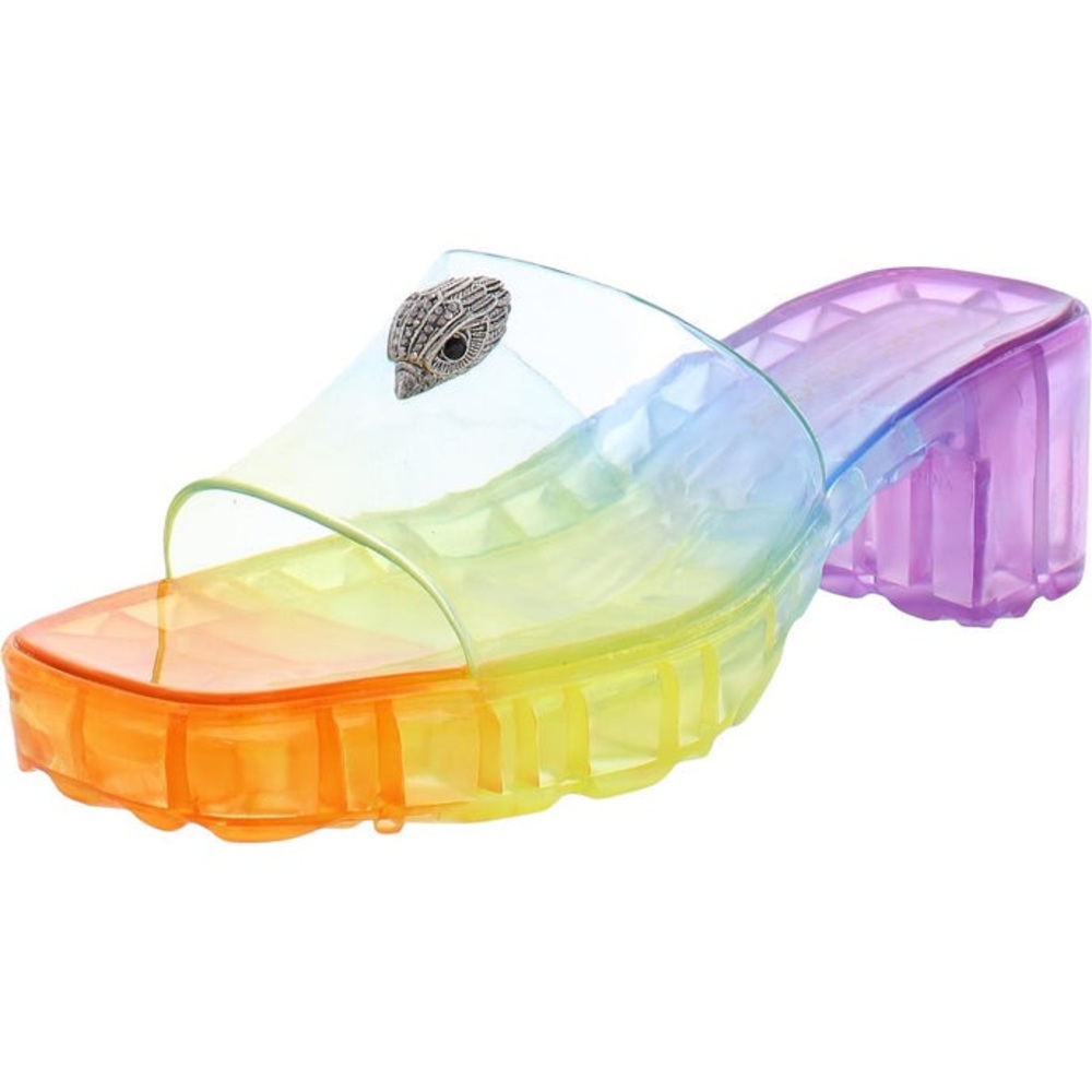 KURT GEIGER LONDON - MADDIE BLOCK BIRD EMBELLISHMENT SLIP ON RAINBOW SANDALS - Picture 1 of 3